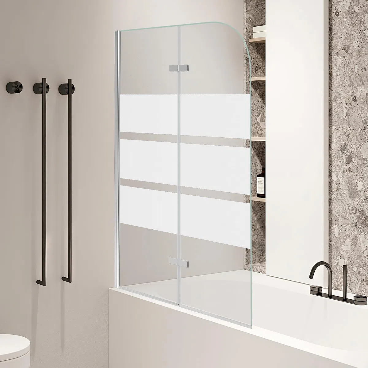 Mampara para bañera, 100x140cm 2 piezas Plegable Mampara de ducha para bañera, 6mm de vidrio de seguridad ESG, Mampara de bañera con tiras blancas, Mampara de vidrio para bañera con accesorio