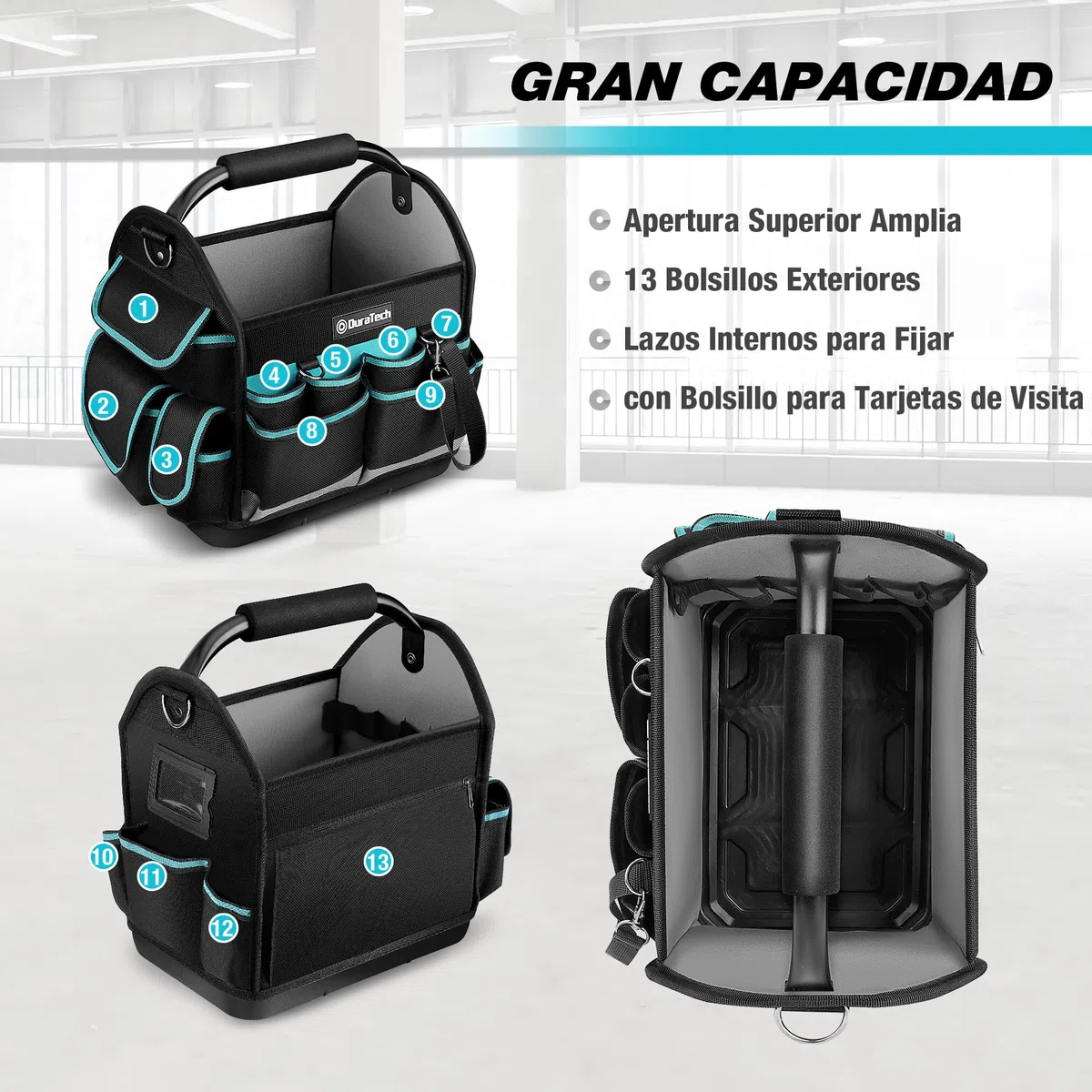 DURATECH Bolsa de Herramientas Duradera de 30,5 cm, Bolsa Portaherramientas con Base Imperable, Bolsa Rígida con Gran Apertura, Poliéster 900D, Asa de Transporte, Correa de Hombro Ajustable