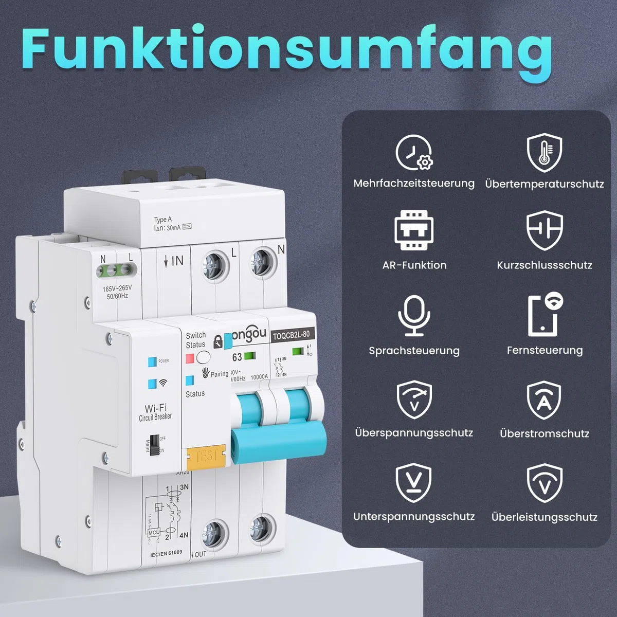 TONGOU WIFI FI-Schutzschalter RCBO 2P 63A 30mA Fi-schutzschalter Leitungsschutzschalter Tipo A para el hogar y enchufes, Icu10kA, montaje DIN, control remoto inteligente