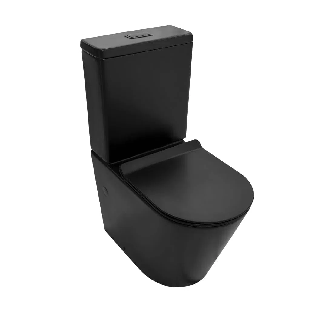 BAÑO MODERNO Inodoro Completo - WC Con Sistema Rimless Antibacterias - Vater Con Tapa Dura Extrafina Amortiguada - Salida Dual - Para Hogar Color Negro - Retrete