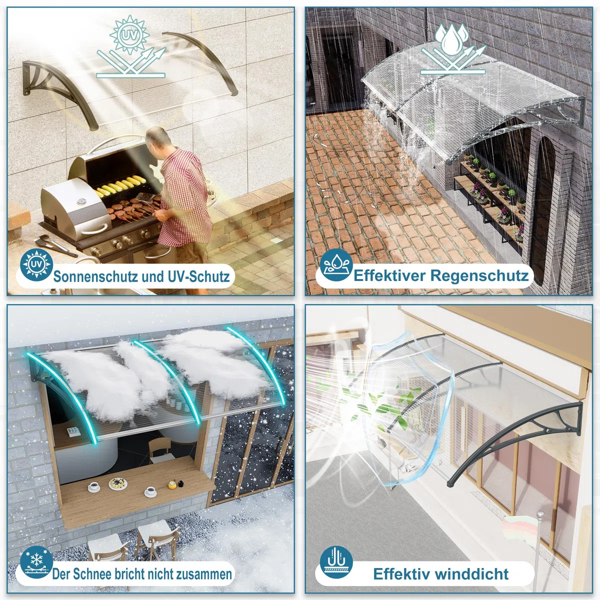 Froadp 100x150cm Marquesina para Puerta, Toldos de Policarbonato, Semitransparente Tejadillo Exteriores de Protección para contra la Lluvia Nieve y los Rayos UV, Toldos para Ventanas de Patio(Gris)