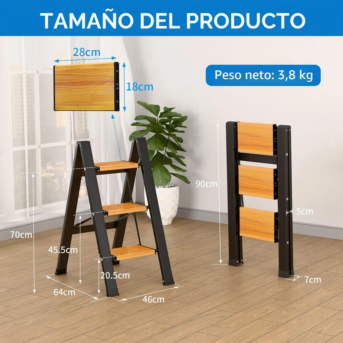 KULACO Escalera de Tijera Plegable de 3 peldaños, Escalera Plegable de Aluminio, Escalera Antideslizante para el hogar, Escalera de Tijera Ligera hasta 150 kg para el hogar, la Oficina, el Garaje