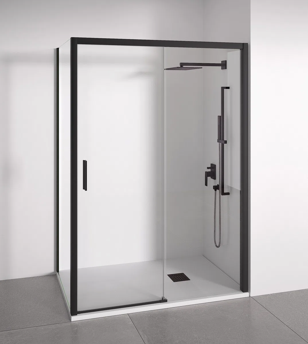 Mampara de Ducha Angular 1 Corredera + 2 fijos - Sin Perfilería Inferior - Cristal Transparente Templado 6mm - Negro Mate - Ancho adaptable 95-100 x 67-70cm - Posición puerta izquierda - Alto 195cm