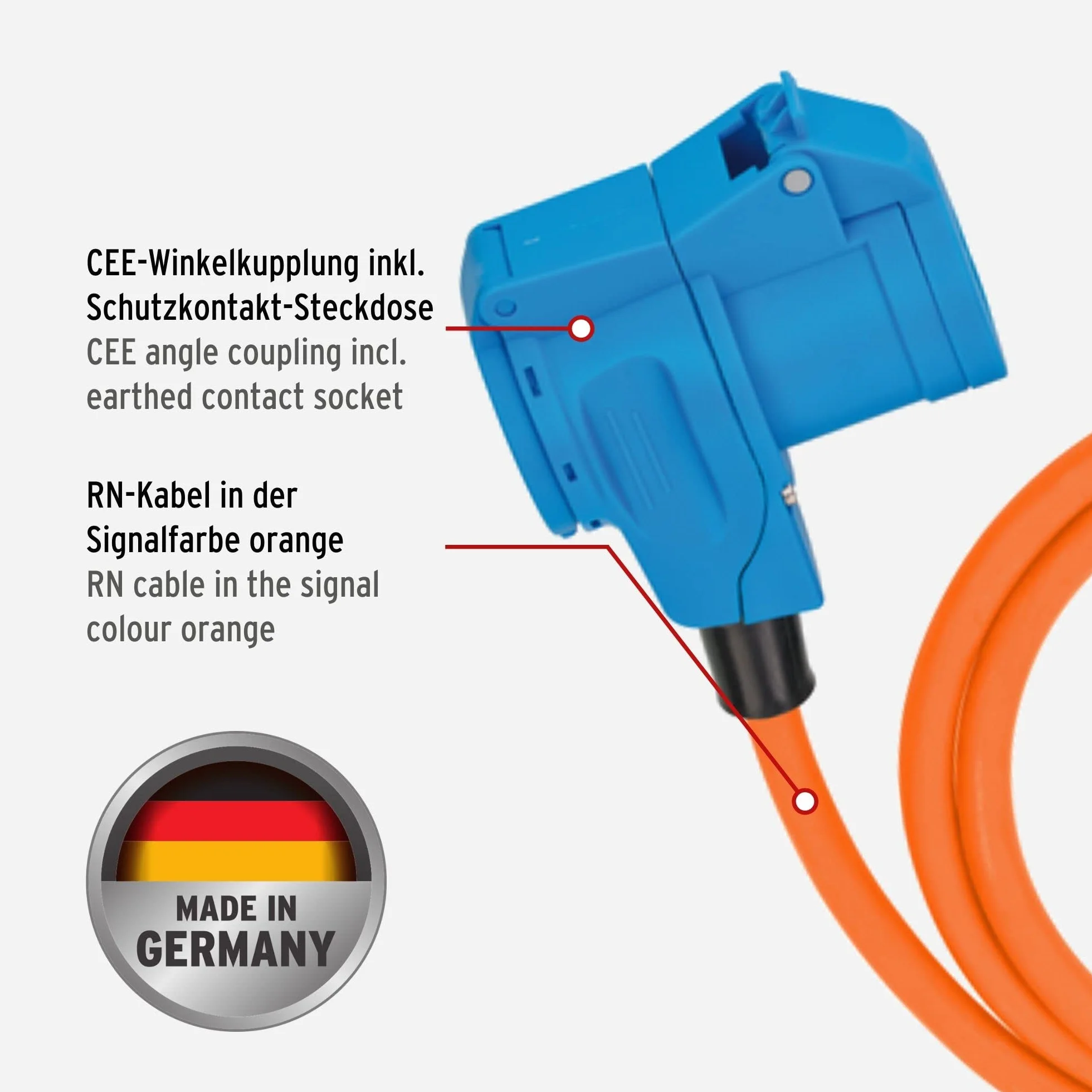 Brennenstuhl Cable de extensión CEE para Camping con Enchufe CEE y acople Angular, Incluye Enchufe Combinado de protección de Contacto (Cable de 25 m en Naranja, 230 V/16 A, Uso en Exteriores,