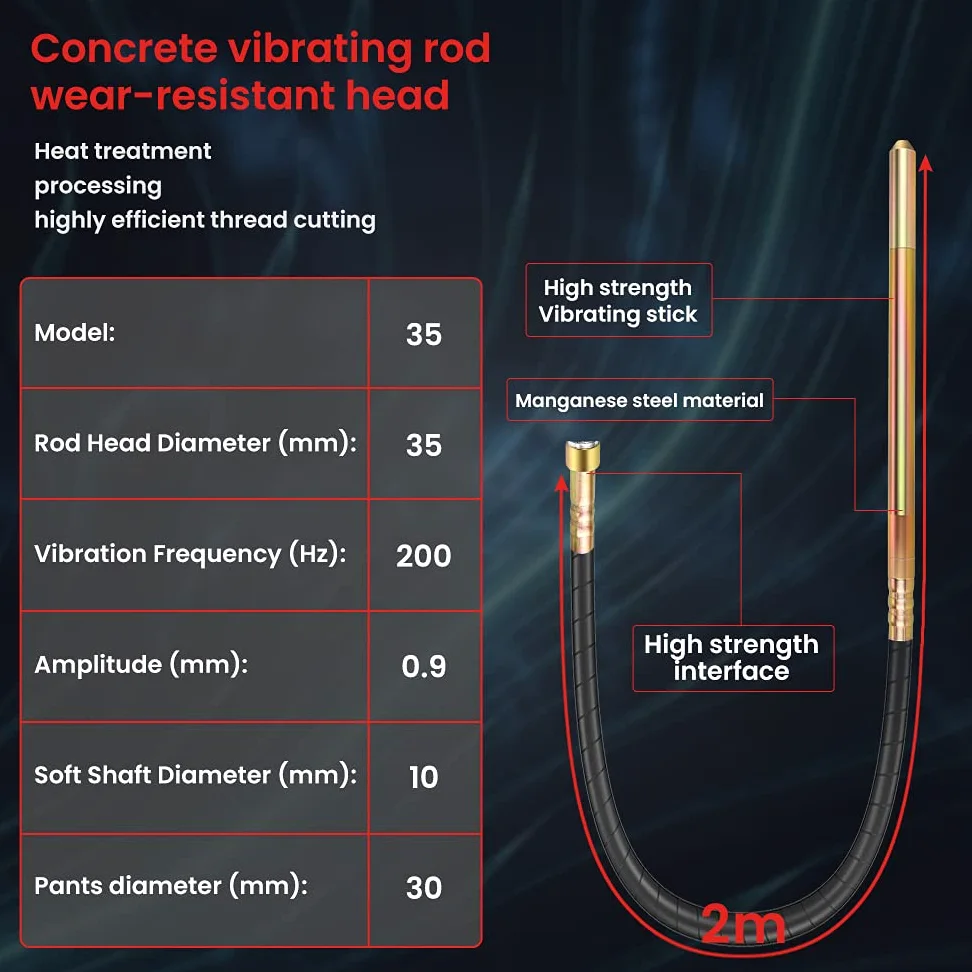 Anbull 1800W Vibrador Hormigon, Vibrador de hormigón eléctrico, Longitud 2 m, Frecuencia 500 rpm, Diámetro de la varilla vibratoria es de 35 mm