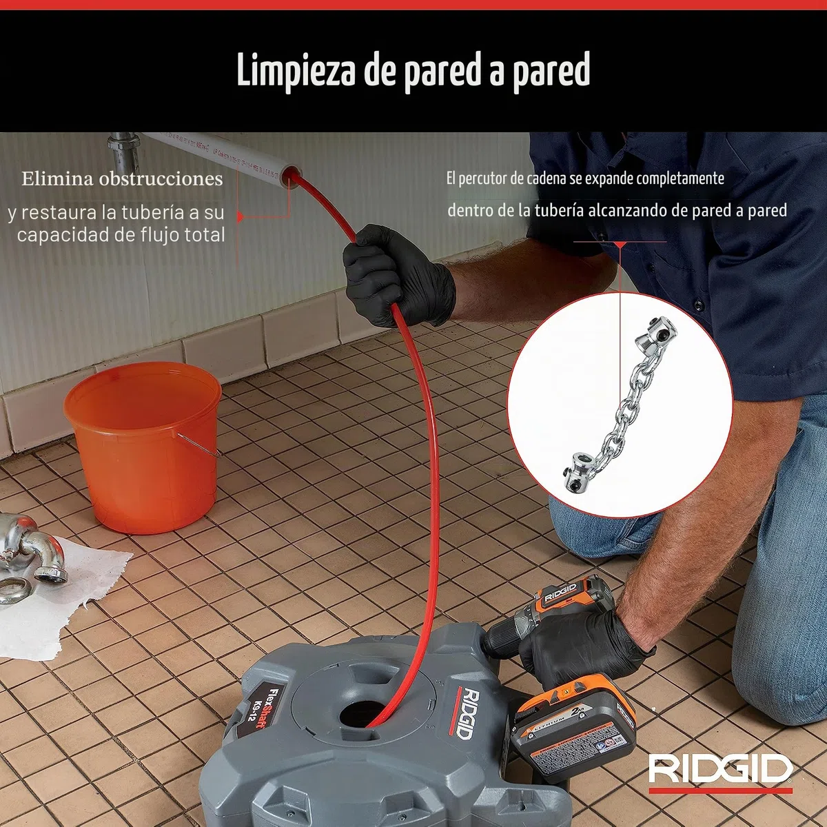 FlexShaft Limpiador de desagües de pared a pared, 1/4 pulgadas. x 30 pies. Limpia 1-1/4 pulgadas. a 2 pulgadas. Tubos a capacidad de flujo completo