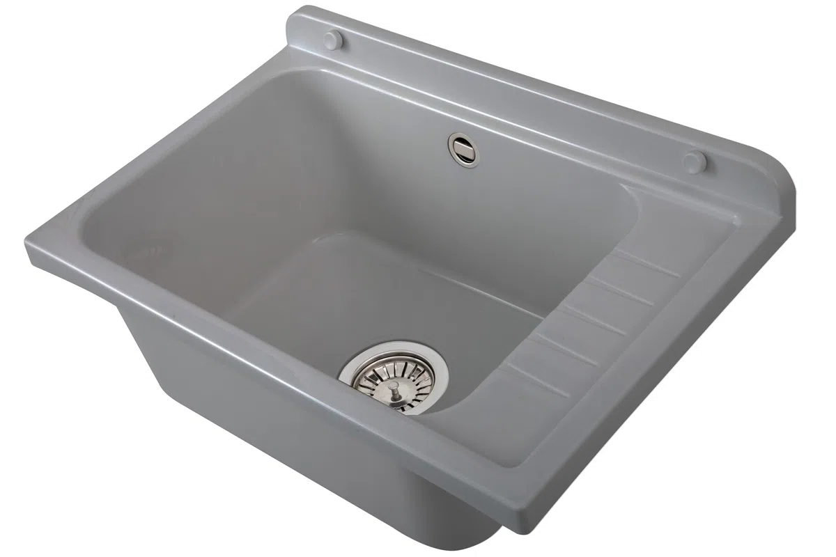 Negrari Lavabo de pared 2051FGAM de polipropileno gris con piletón de metal, resistente a los agentes atmosféricos, incluye kit de fijación y kit de desagüe, para exterior 58 x 38 x 21 cm