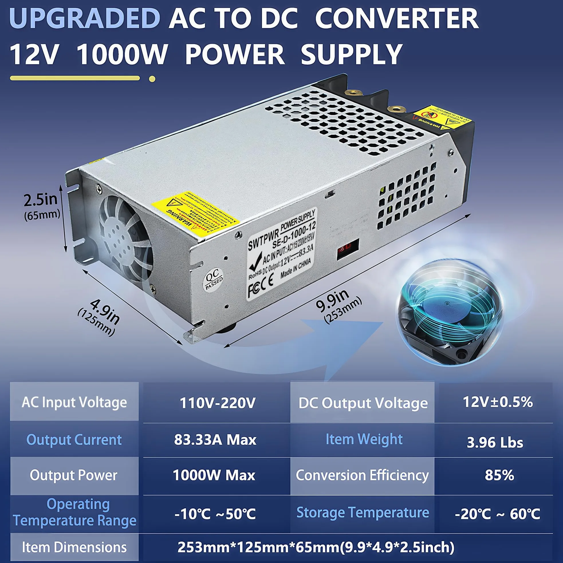 DC 12 V 83 A 1000 W Fuente de alimentación Transformador 230 V CA a CC 12 V 83 A Convertidor 1000 W Alimentación para 12 V Driver LED Motor Bomba Cámara Seguridad CCTV Radio SMPS 110 V/230 V