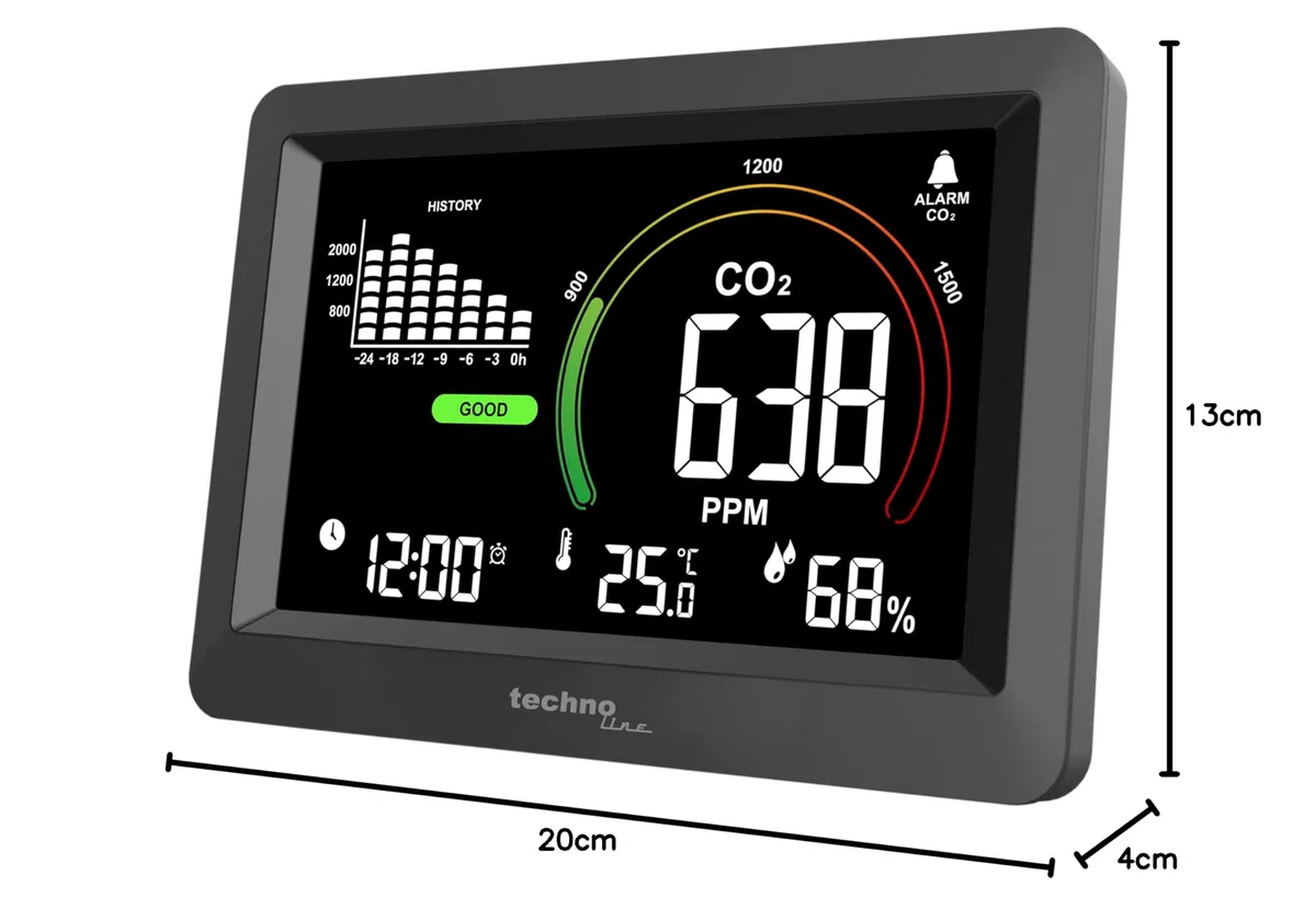 Technoline WL1028 Cuchillo Co2, monitoreo de Calidad del Aire Interior, recomendación de ventilación basada en la concentración de CO2 en el Aire, Alarma Ajustable, historial de CO2, para escuelas