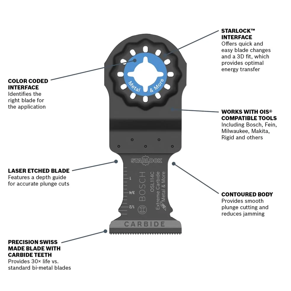 BOSCH Starlock OSL114C-3 - Paquete de 3 cuchillas oscilantes multiherramienta oscilante de metal y más carburo para cortar barra de hierro, metal, madera con clavos, paneles de yeso y azulejos