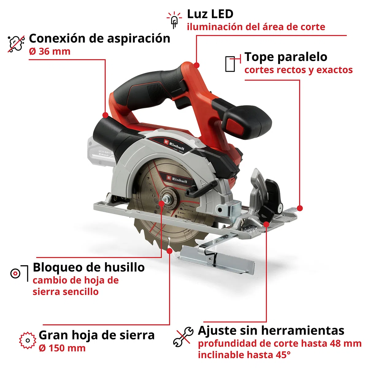 Einhell Sierra circular inalámbrica TE-CS 18/150 Li-Solo Power X-Change (iones de litio, 18V, profundidad corte y ángulo inclinación ajustables sin herramientas, LED, sin batería ni cargador)