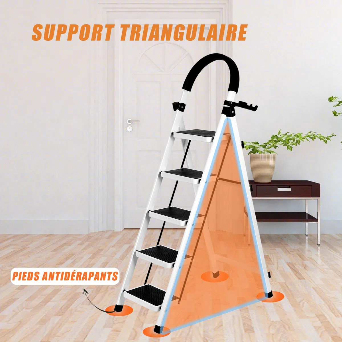 Escalera plegable de 5 peldaños, escalera plegable de 5 niveles, con bandeja para herramientas y pasamanos, escalera doméstica para casa, cocina, trastero, armarios, oficina, color: blanco