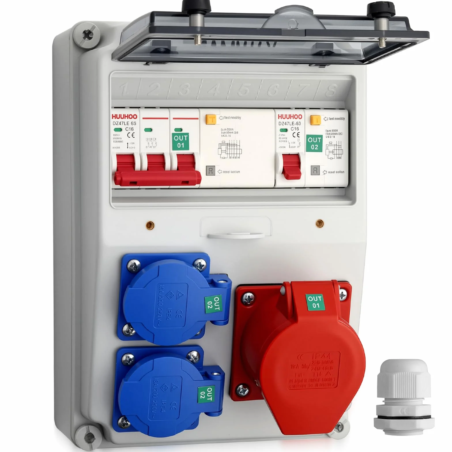 CAMWAY Distribuidor de Corriente para Construcción de pared con LS+FI, 2 Enchufes Schuko 230 V+1 Enchufe CEE 16A, IP66 Impermeable, Carcasa ABS Ignífugo para Interiores, Exteriores, Talleres y Fábrica