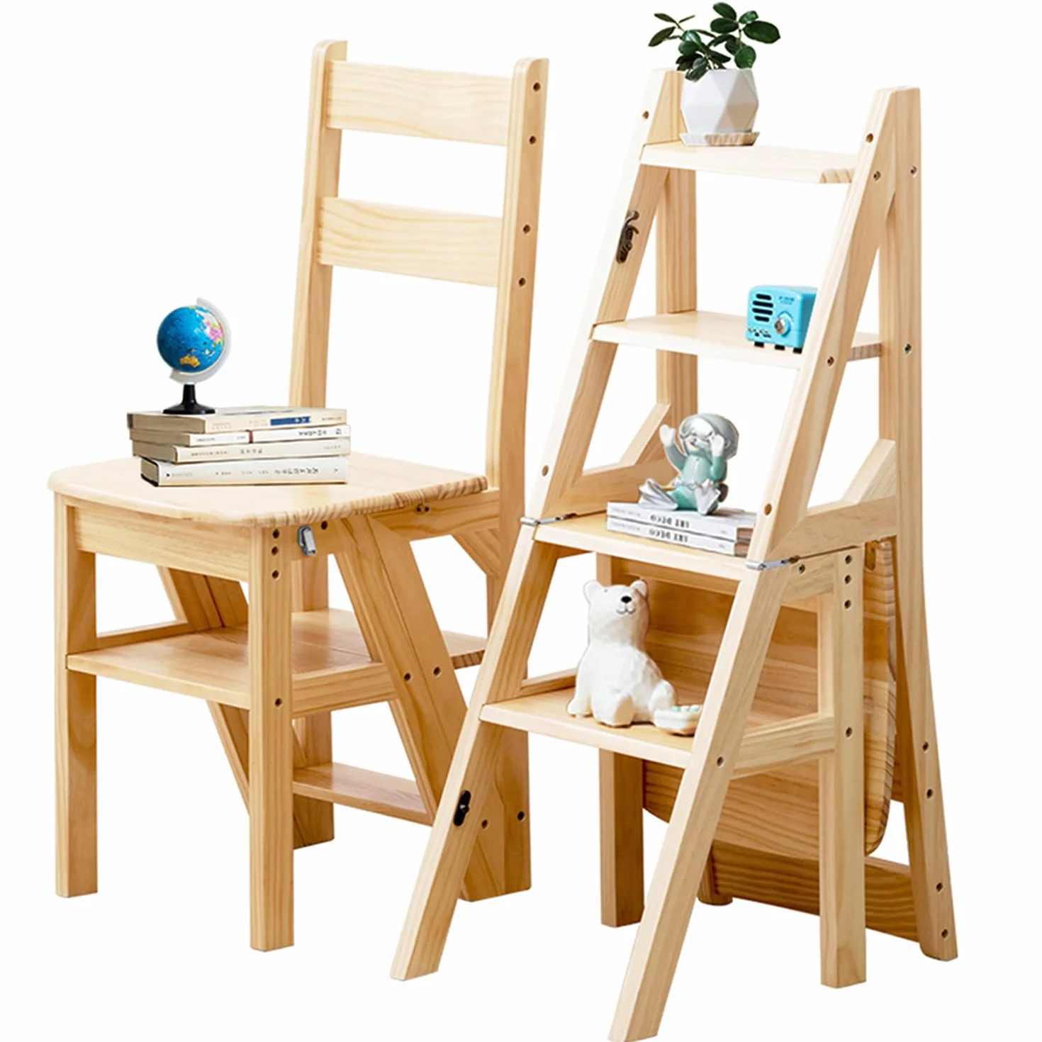 Silla Escalera Plegable 3 en 1 de Madera Sólida, Taburete Escalonado Convertible y Estante de Exhibición, Escalera Multifuncional de 4 Niveles, para el Hogar, Cocina, Biblioteca (Madera)