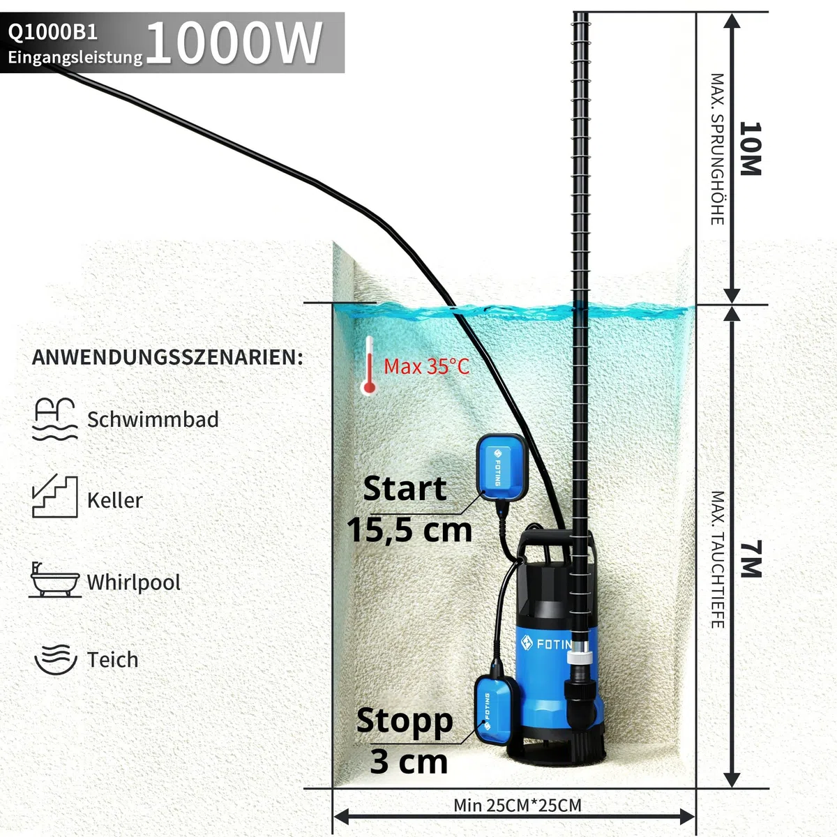 FOTING Bomba de aguas sucias 1000W, capacidad de 17.600 l/h, Altura máxima de suministro 11 m, inmersión máx. 7 m, interruptor de flotador, cuerpos extraños hasta 35 mm, para uso intensivo y obras