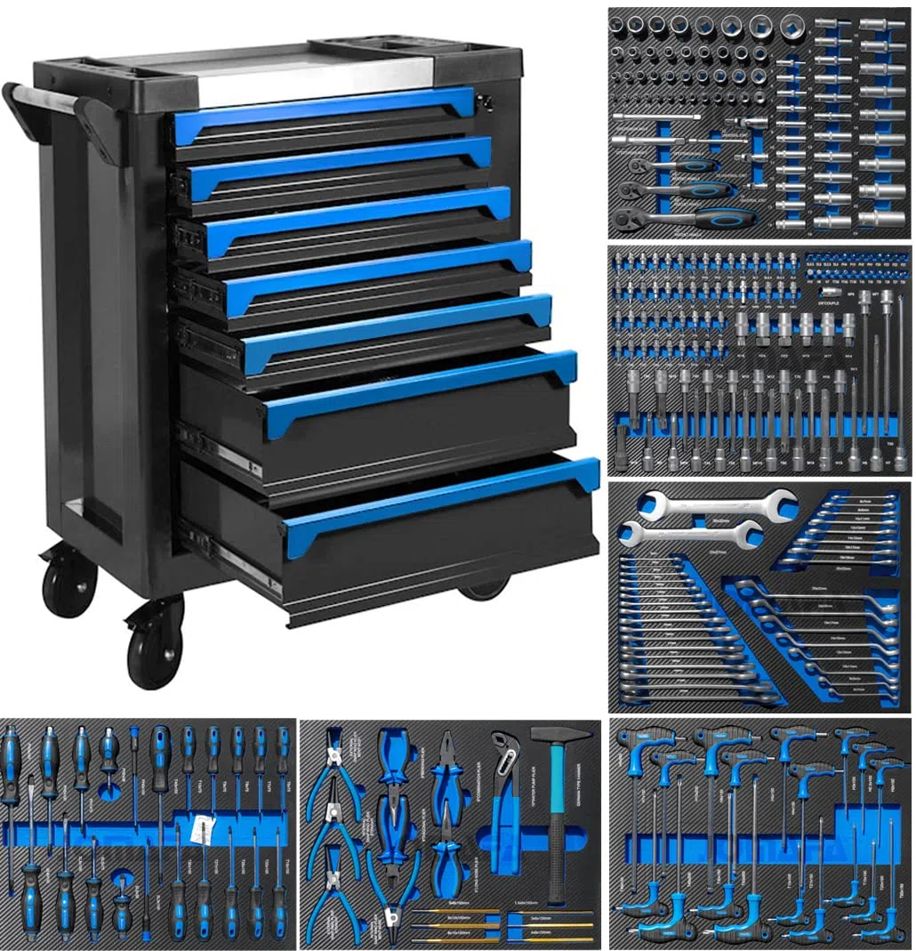 EDICIÓN CARBONO - CARRO DE HERRAMIENTA PARA TALLER 6 CAJONES CON HERRAMIENTAS PROFESIONAL, NEGRO Y AZUL