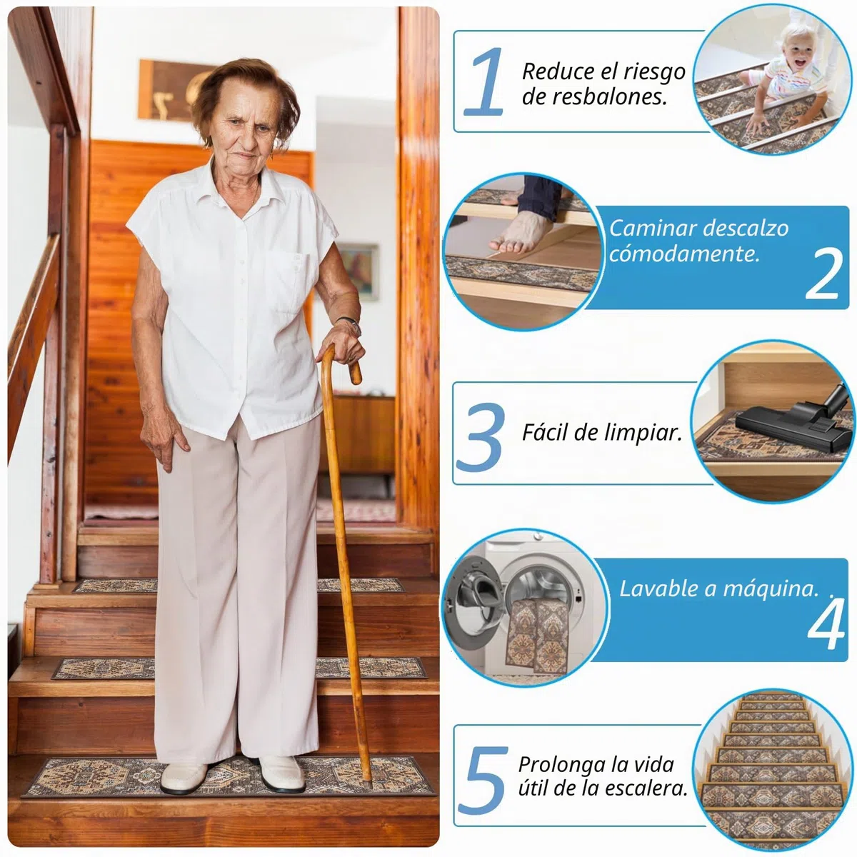 Peldaños antideslizantes y lavables, 8 x 30 x 0.3 pulgadas, alfombra suave y cómoda para superficies de madera, mármol, vinilo o metal, interiores, exteriores, escaleras, pasillo (8 x 30