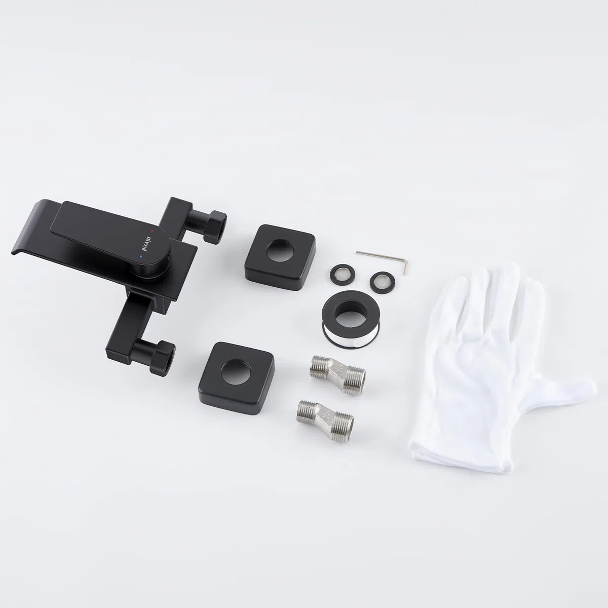 Grifo Bañera Negro en Cascada, Grifo Mural de Latón para Ducha y Baño, Mezclador Monomando para Bañera Universal 1/2" Salida Inferior, Fácil de Instalar