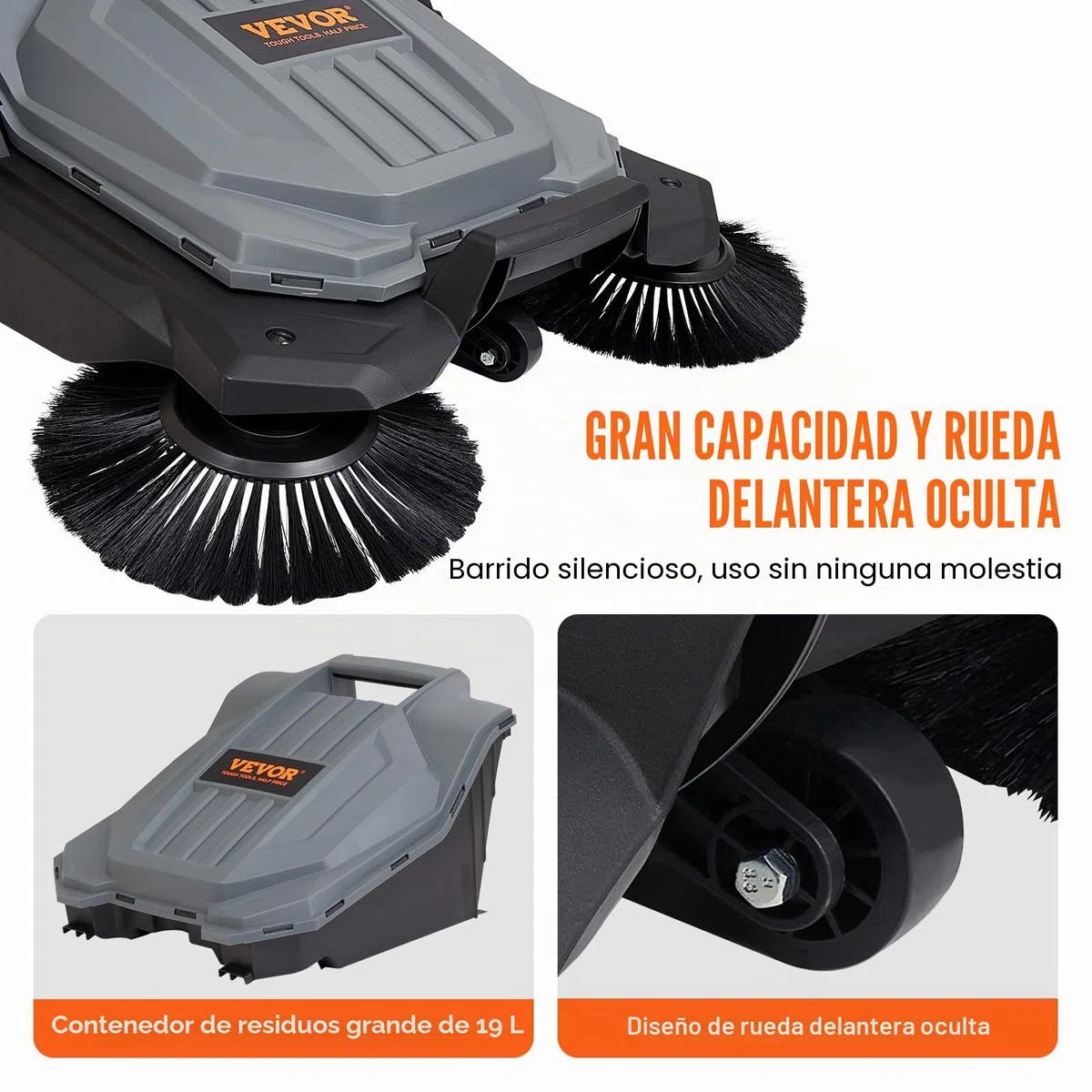 VEVOR Barredora de Suelo de Empuje, Barredora Mecánica, Ancho de Barrido 65 cm, Escoba Manual, Contenedor de Residuos 18.9 L, Mango Plegable Ajustable en Ángulo y Altura, para Jardines, Garajes