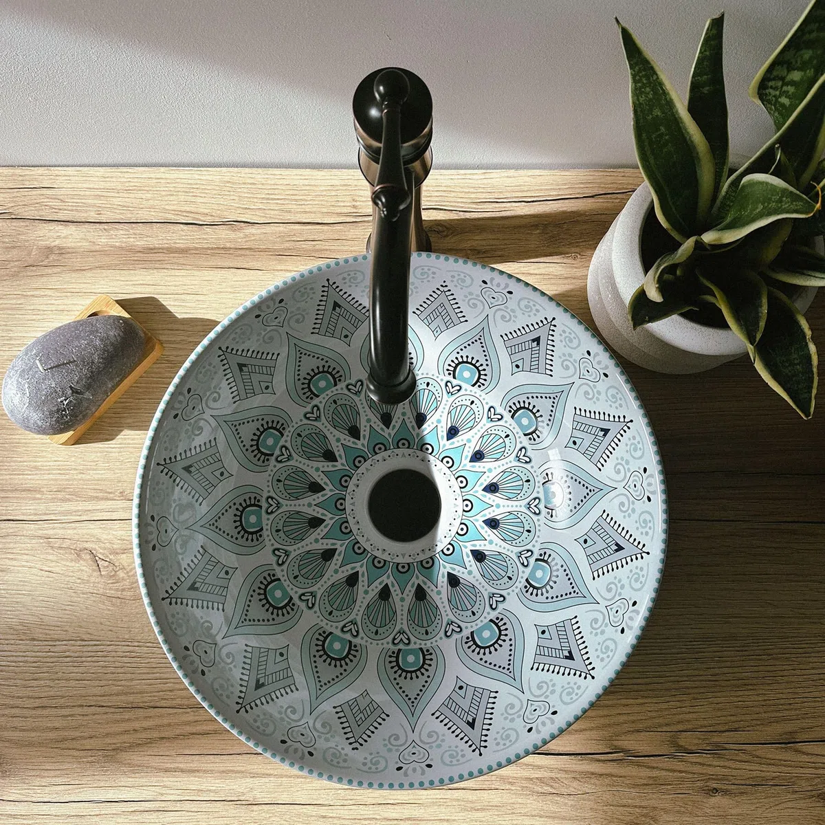 Lavabo Sobre Encimera Rea Mandala Blanco Azul