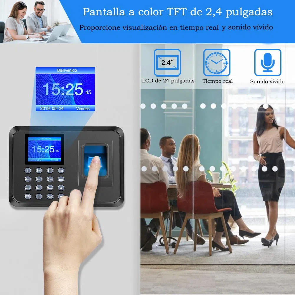 Aktivstar Máquina Fichar de Asistencia Biométrica de Huella Dactilar con Sistema Española Pantalla LCD Memoria de 8GB, con Capacidad de 1000 Huellas de fichar