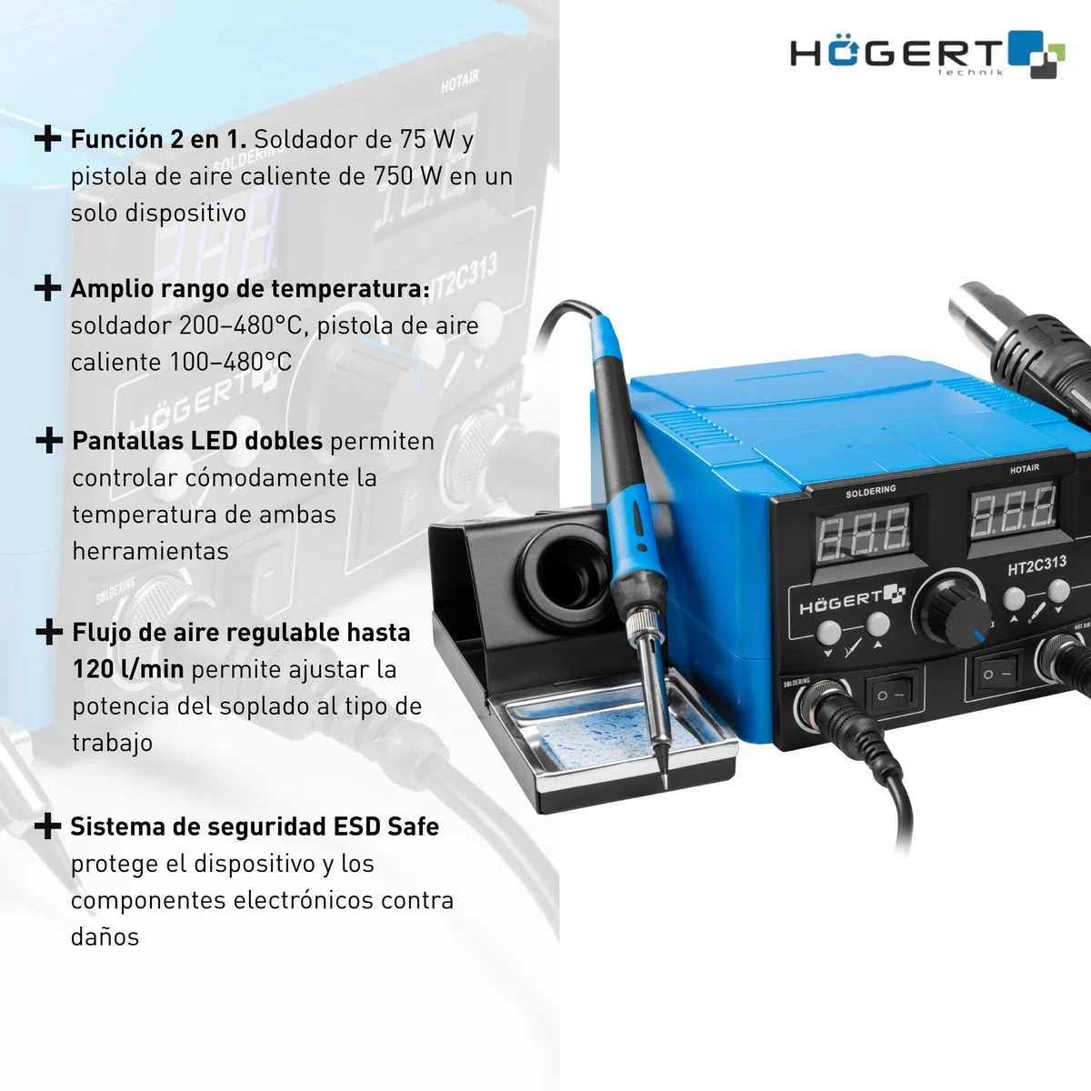 HÖGERT TECHNIK - Estación de soldadura 2 en 1 75W con pistola de aire caliente 750W, control digital de temperatura, pantalla LED, segura para ESD, para reparaciones de SMD y BGA