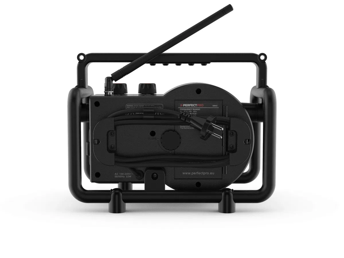 PerfectPro Radio DABBOX, Dab+ y recepción FM, Cargador de batería Integrado para batería Universal, Bluetooth, Recargable, Entrada Auxiliar, Resistente a los Golpes, IP54, DBX3