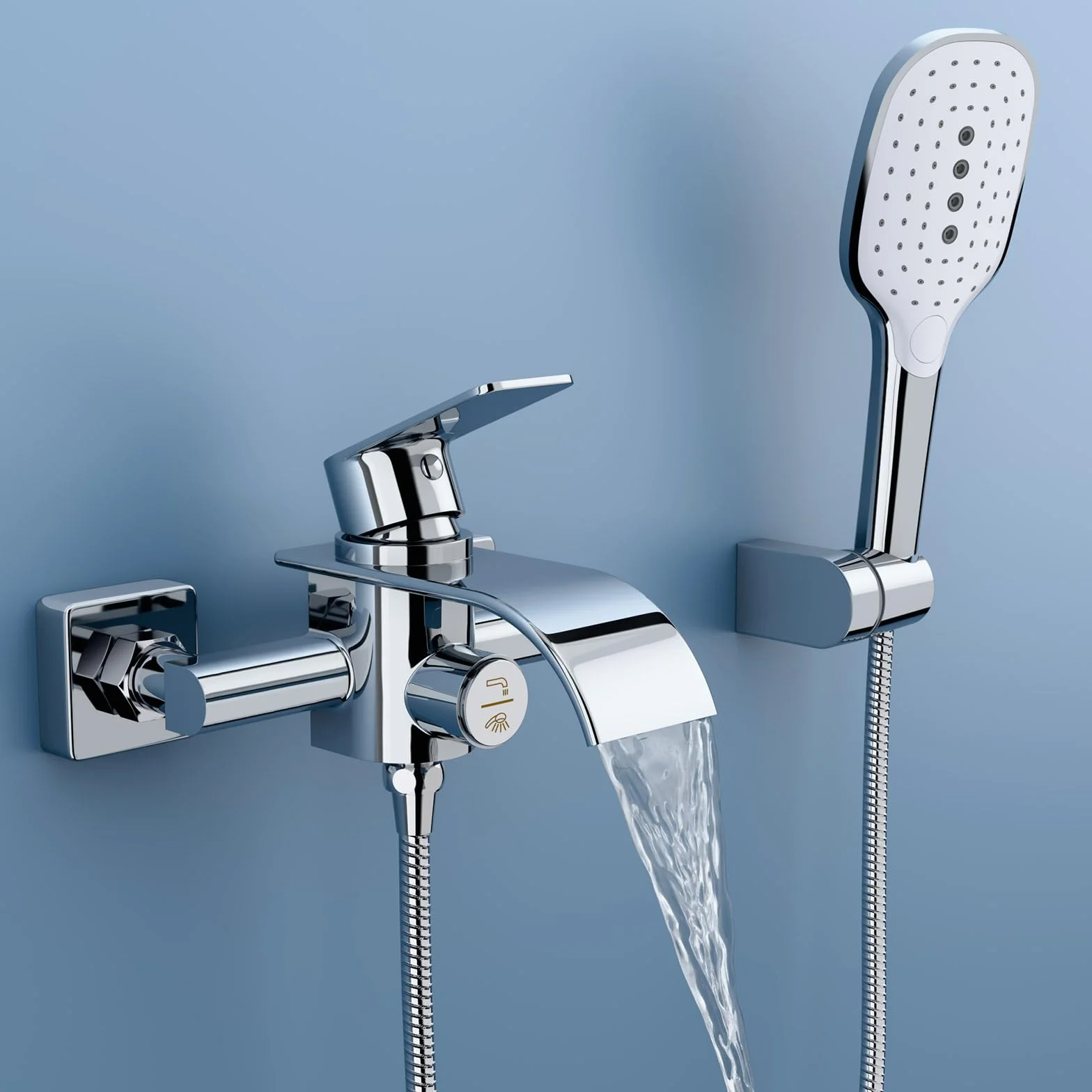 Grifo de bañera con ducha de mano, cascada, mezclador de latón 3 funciones, monomando con interruptor de presión
