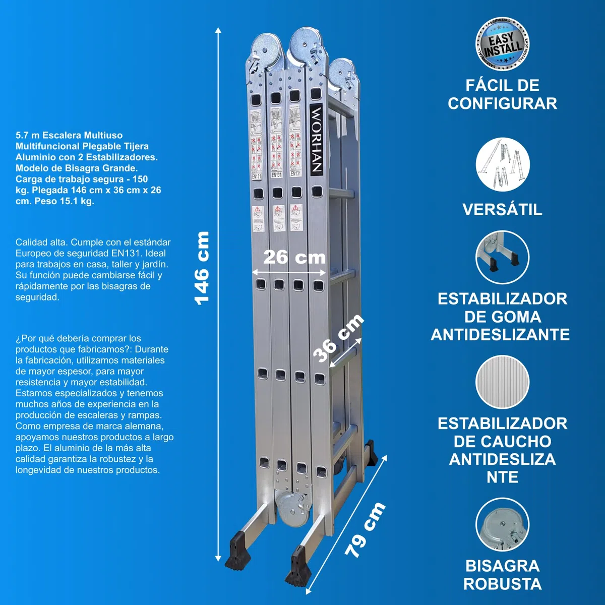 5.7m Escalera Multiuso Multifuncional Plegable 570cm Tijera Bisagra Grande Aluminio con 2 Estabilizadores Nueva Generación Calidad Alta KS5.7