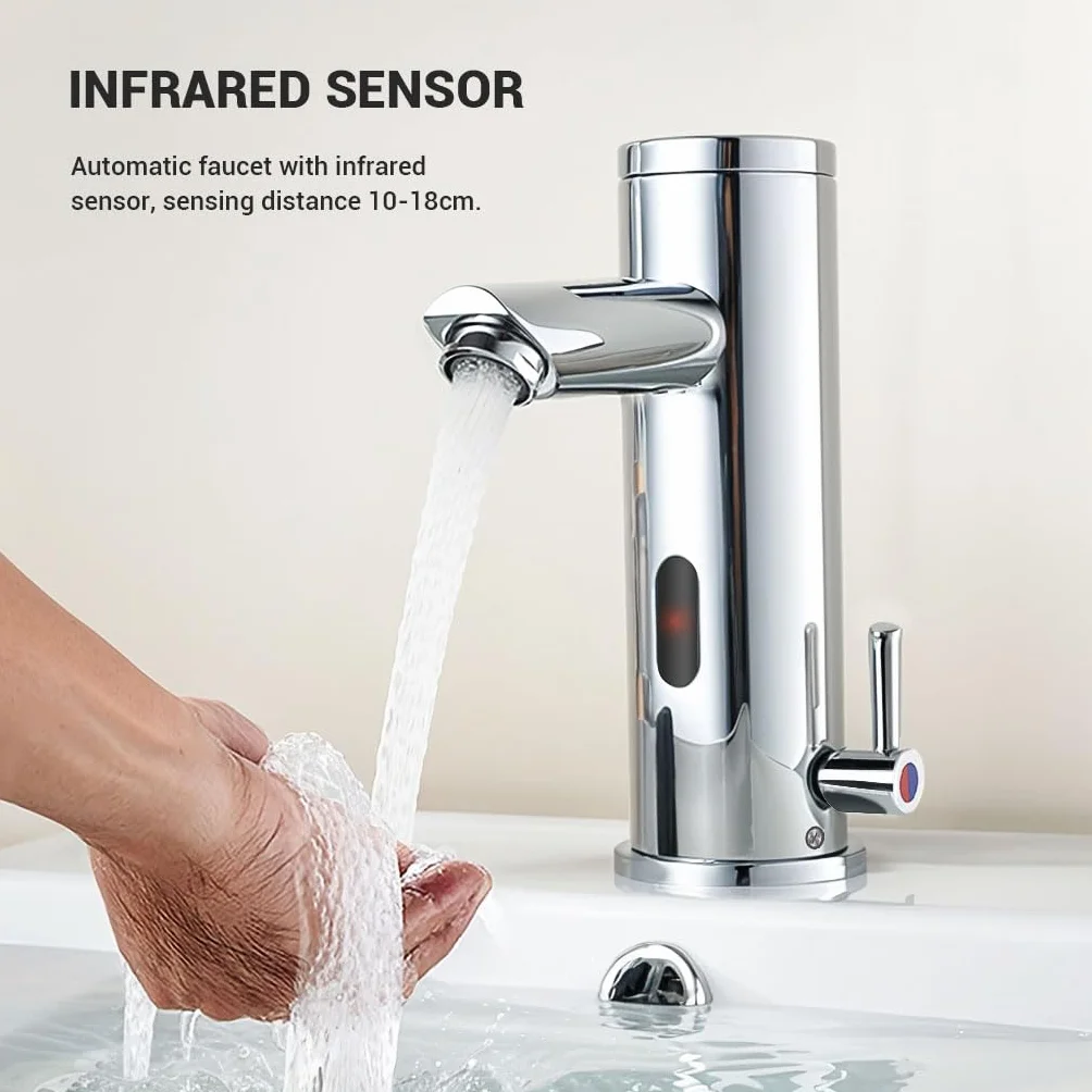 Grifo automático para lavabo de baño sin contacto, sensor activado por movimiento, grifo de latón sin contacto con mango de control de temperatura ajustable para tocador del hogar, comercial y uso de