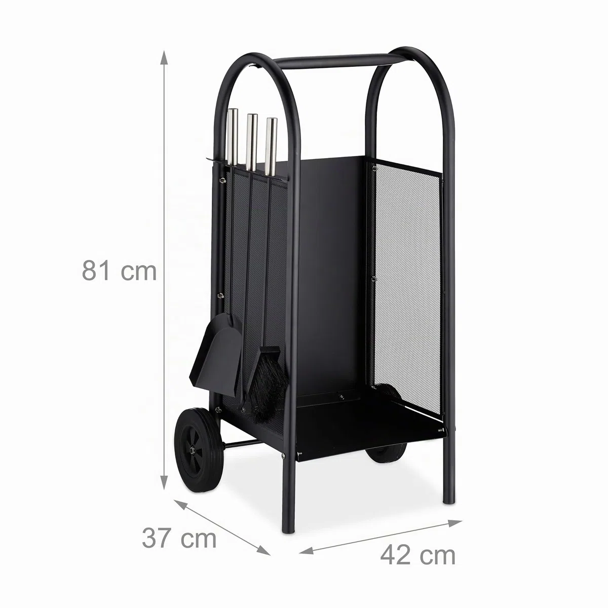 Relaxdays Leñero con accesorios de chimenea, Soporte portátil, Pala para cenizas, Cepillo & Atizador, Negro