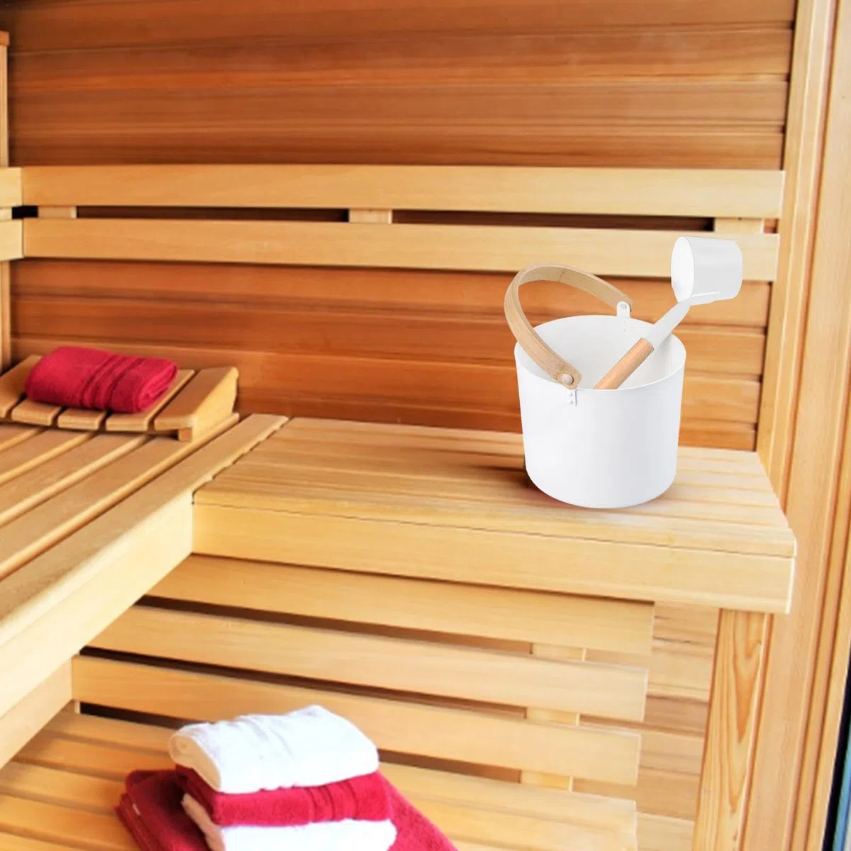 Cubo de sauna de aluminio con cucharón a juego, juego de de sauna de aluminio de 7 litros con mango largo y cuchara