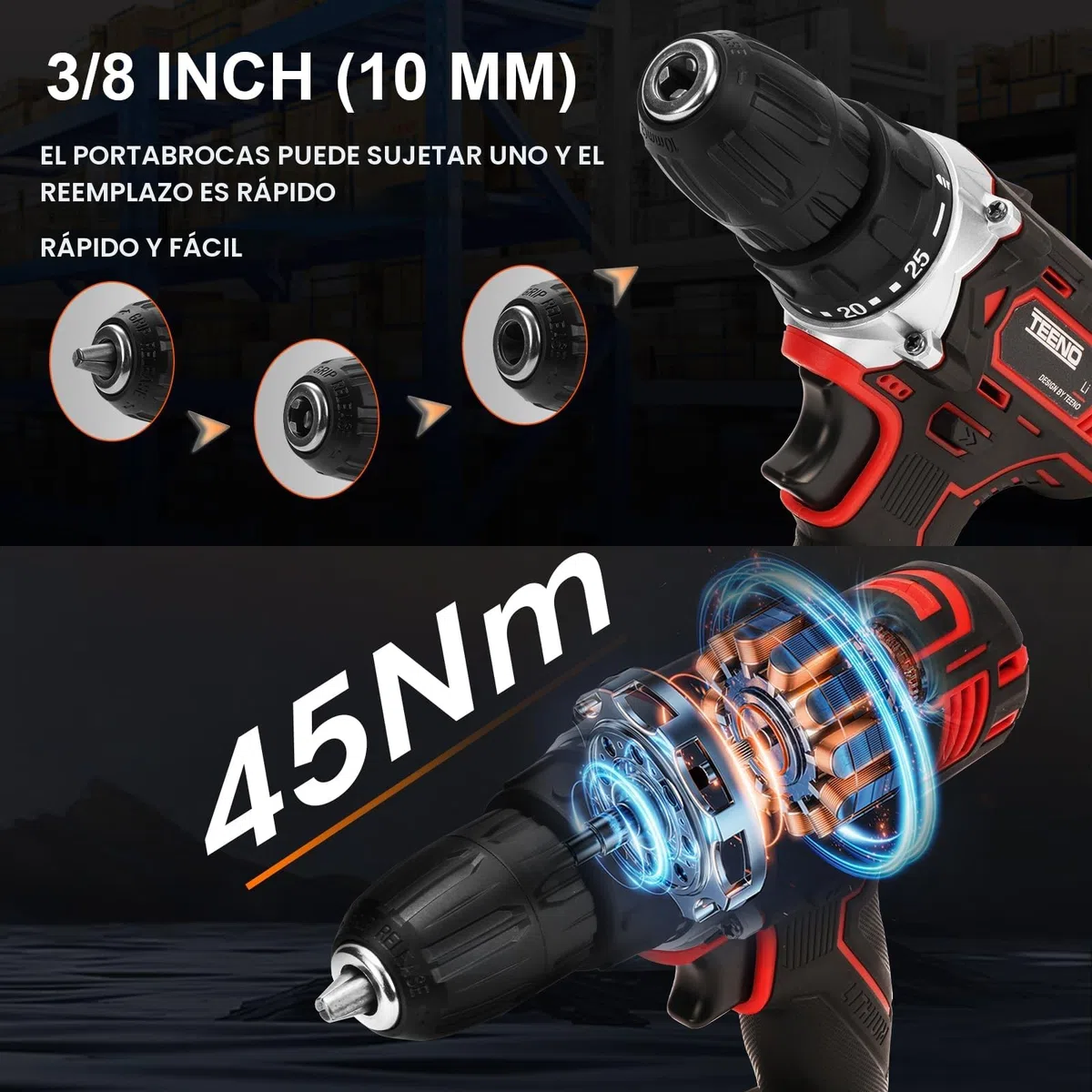 TEENO Taladro Atornillador Inalámbrico para Batería Makita de 21V 2 * 2,0 Ah Baterías,con Cepillo Antióxido de Metal, 45 Nm,25+1 Configuraciones de Par, 2 Velocidades, LED, 31 Accesorios y Maletín