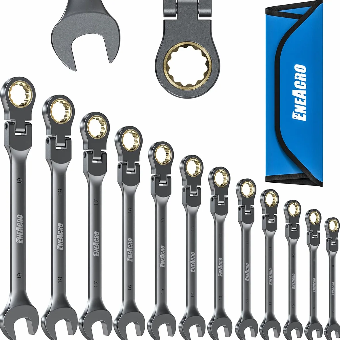 ENEACRO Juego de Llaves de Carraca Combinadas, Juego de Llaves Flexibles Antideslizantes de 12 Piezas, Métricas 8-19mm, 72 Dientes, Construidas en Cr-V, Niqueladas con Bolsa de Almacenaje