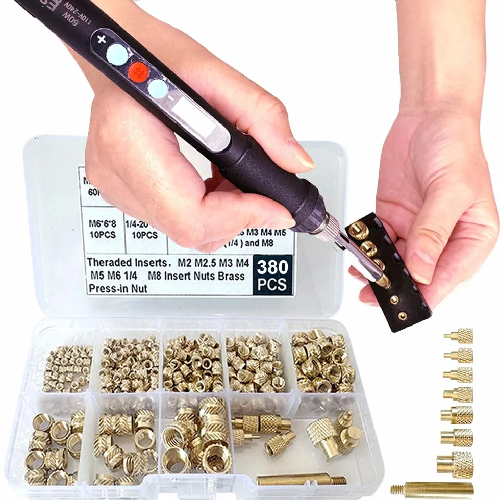 Juego de herramientas de inserción de calor, tuercas de latón, impresión 3D, soldador digital de 60 W y kit de 380 piezas de insertos roscados con puntas de inserción M2 M2.5 M3 M4 M5 M6 (1/4) M8 para
