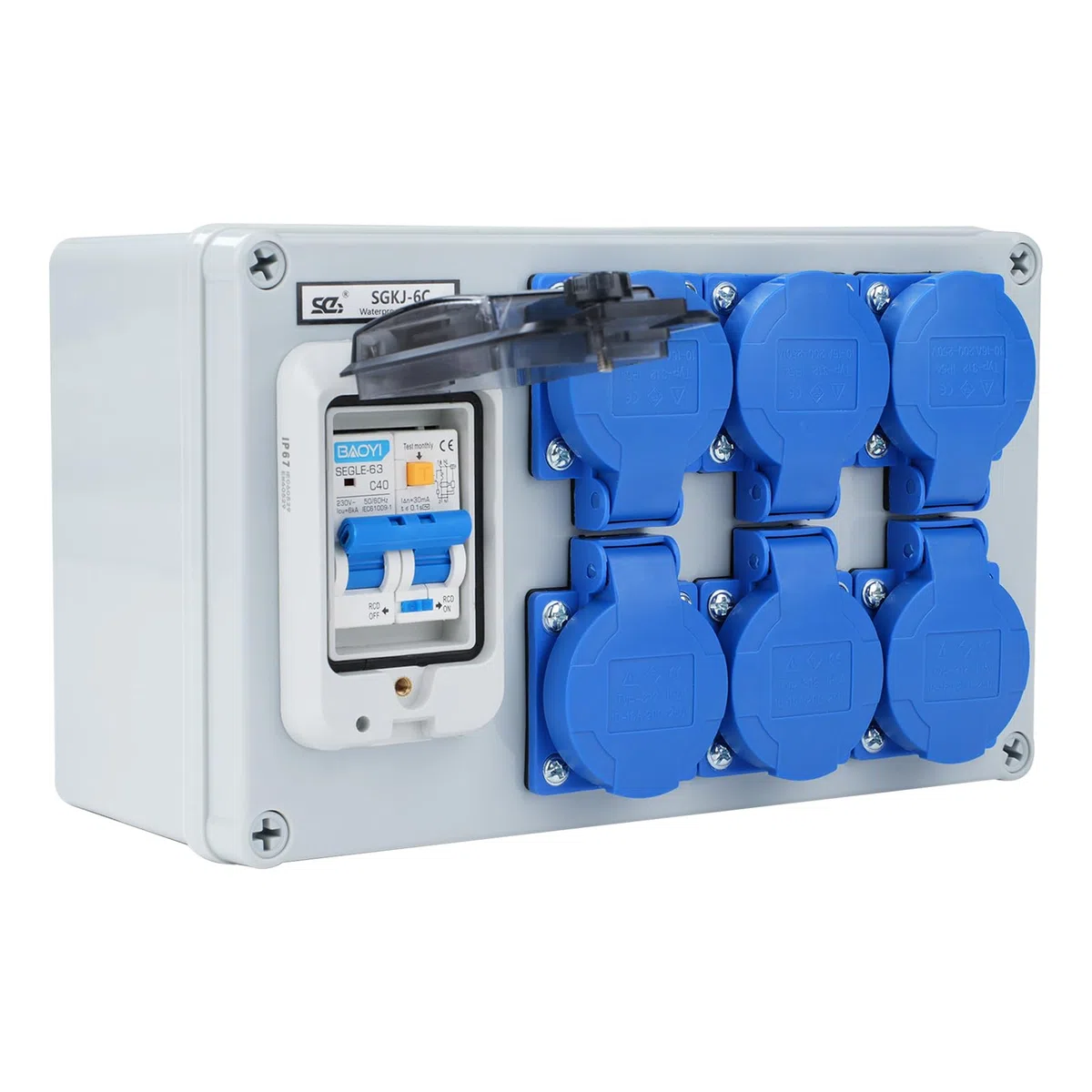 Distribuidor de corriente 16A Distribuidor de energía Distribuidor de pared con interruptor diferencial 1P+N de 63A con 6 tomas (distribuidor 2 polos de 250V) IP54 Estanco