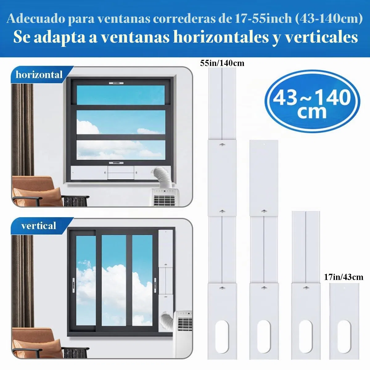 Kit de ventilación de ventanas de aire acondicionado portátil, kit de ventana de CA portátil, longitud ajustable de 43 a 144 cm