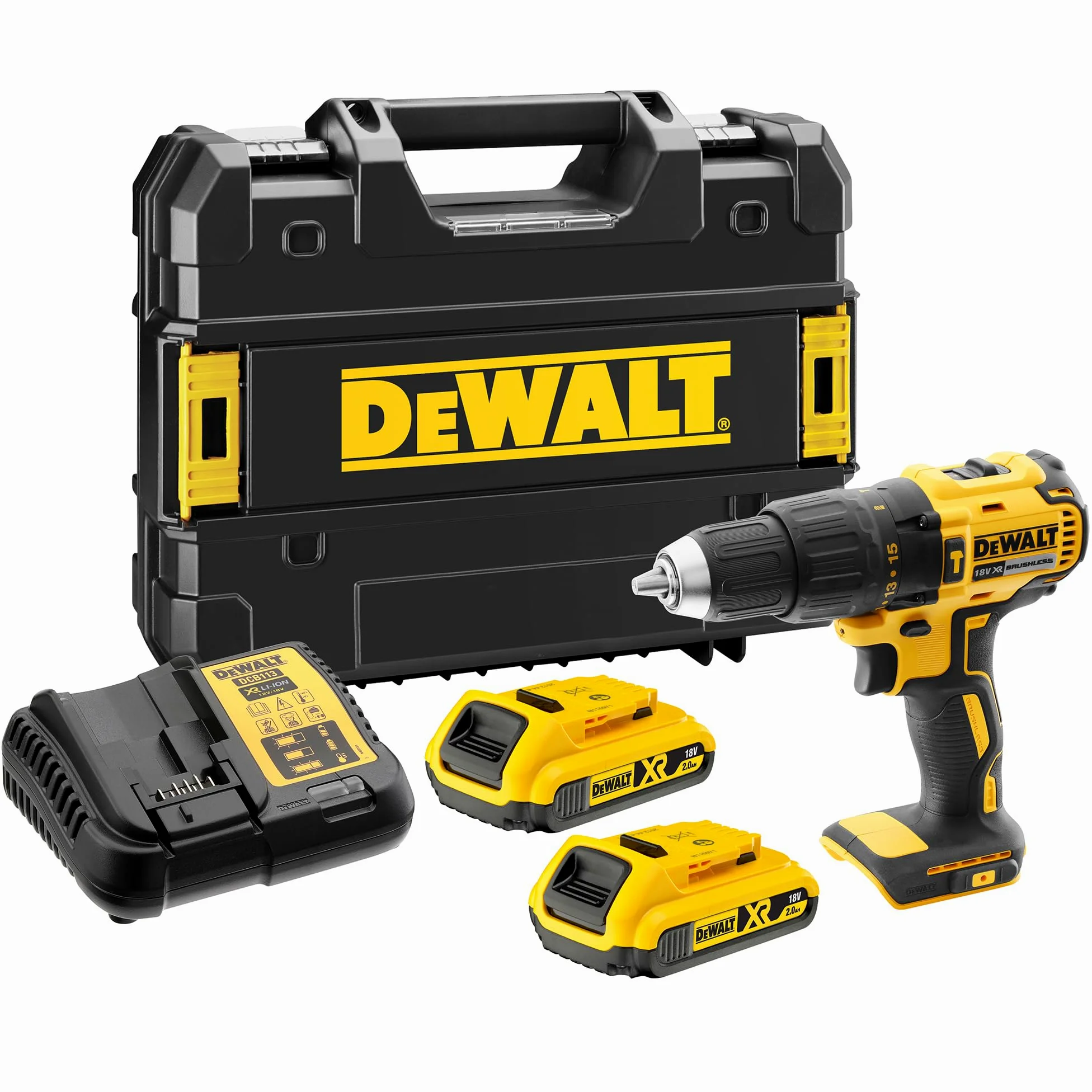 DEWALT XR 18V Brushless Taladro Atornillador Percutor Compacto a Batería, con 2 Baterías XR Li-Ion 2Ah, Cargador, Maletín, Alto Par, Luz LED, Rendimiento Versátil - DCD778D2T-QW