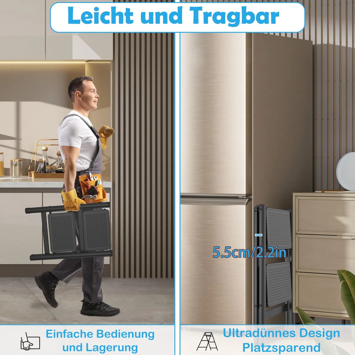 Aufun Escalera plegable de 2 peldaños con pedal antideslizante ancho, escalera multifuncional para el hogar, fácil de guardar, con capacidad de carga hasta 270 kg, escalera de peldaños para el hogar