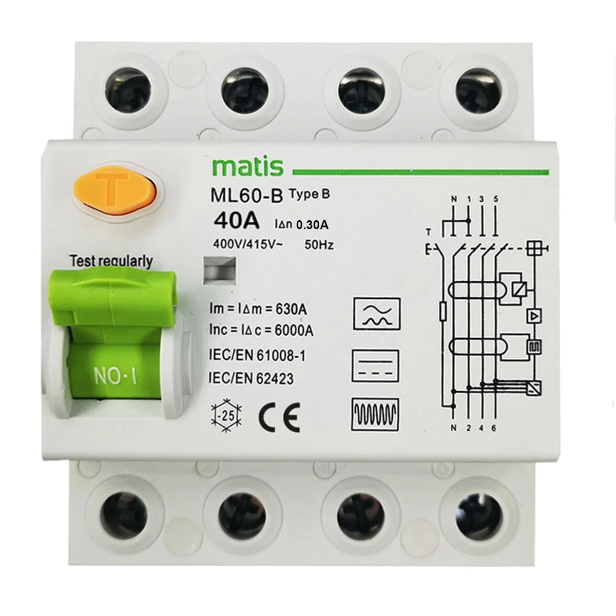 Interruptor de circuito FI para cuadro electrico, 40 A, 300 mA, 4 polos, tipo B