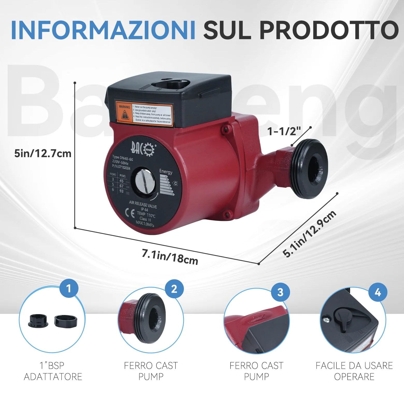 BACOENG Bomba de Circulación RS25/6-180 Bombas de Recirculacion Calefacción para Sistemas Circuladora Calefaccion Central 220V/50Hz