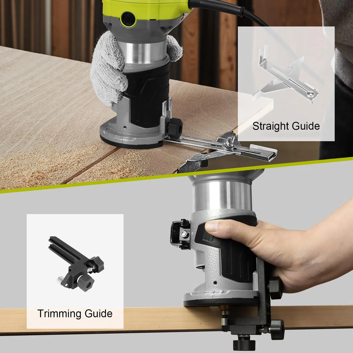 DEWINNER Fresadora De Madera Rebajadora Eléctrica 710W 13000-33000 RPM, 6 Velocidades Variables, Pinza De Base Fija De 1/4''/6/8MM,Con Bolsa de lona, con 15PCS 1/4"Juego de Brocas para Madera