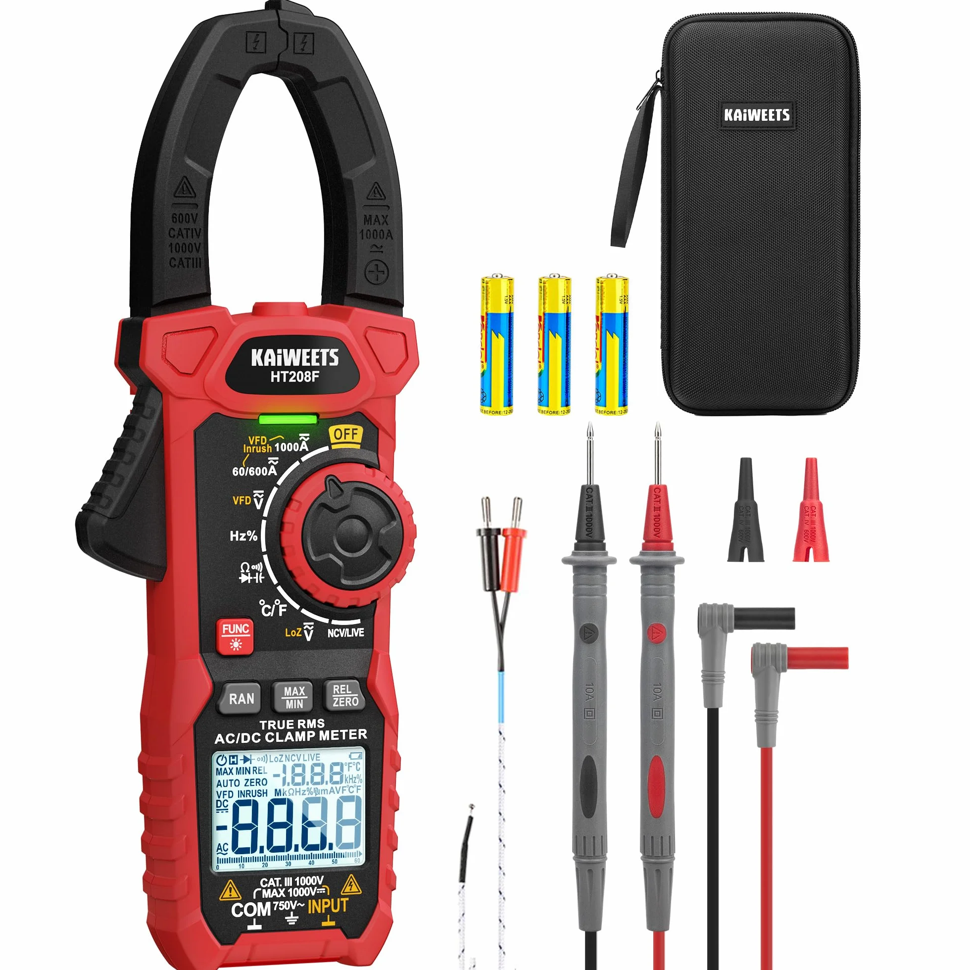 Pinza Amperimétrica KAIWEETS 1000A CA/CC, Pinza Amperimetrica De Conteo HT208F 6000, Modo Vfd y Loz, Pantalla Mejorada en Blanco y Negro, AC/DC, Resistencia, Capacitancia, Medición De Sobrecorriente