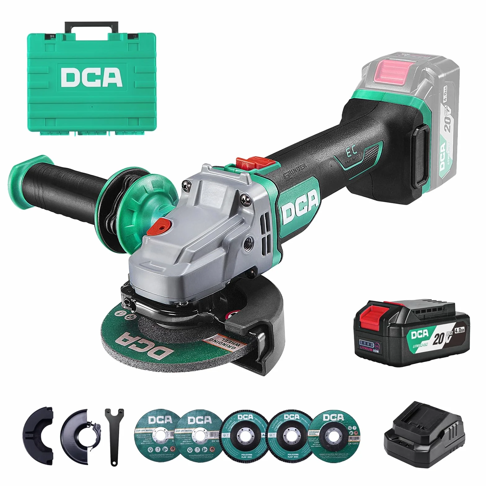 DCA Amoladora Angular sin Cable 20V sin Escobillas, Ø125mm, incl. Batería 4.0Ah & Cargador Rápido, 8500RPM Amoladora Angular Profesional con Tapa de Cierre Rápido, 6 Discos para Cortar, Desbastar