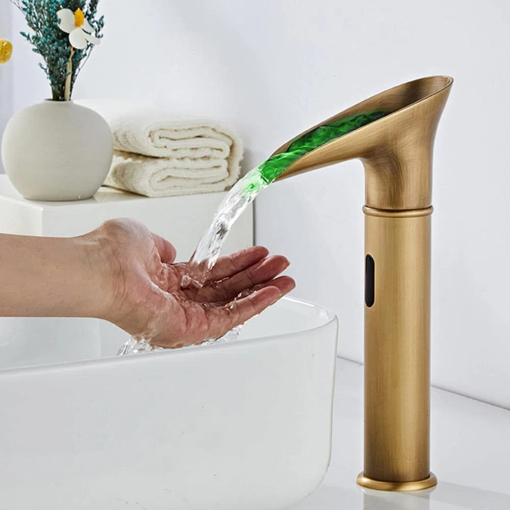 Retro Grifo con Sensor de Infrarrojos Frío y Caliente Grifo Cascada Lavabo Led Cambio de Color Grifo de Lavabo con Sensor-Antique_Alto