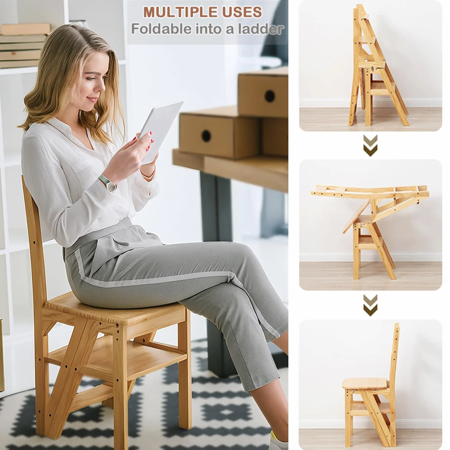 Silla Escalera Plegable 3 en 1 de Madera Sólida, Taburete Escalonado Convertible y Estante de Exhibición, Escalera Multifuncional de 4 Niveles, para el Hogar, Cocina, Biblioteca (Madera)