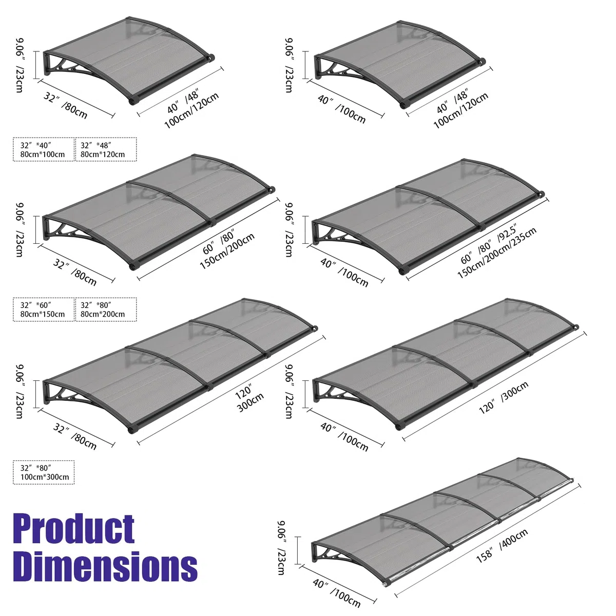 Marquesina Puerta Exterior 80 x 150 cm – Marquesina Exterior con Drenaje de Policarbonato y Soportes de ABS, Protección contra Lluvia, Nieve y Rayos UV para Puerta, Ventana y Terraza