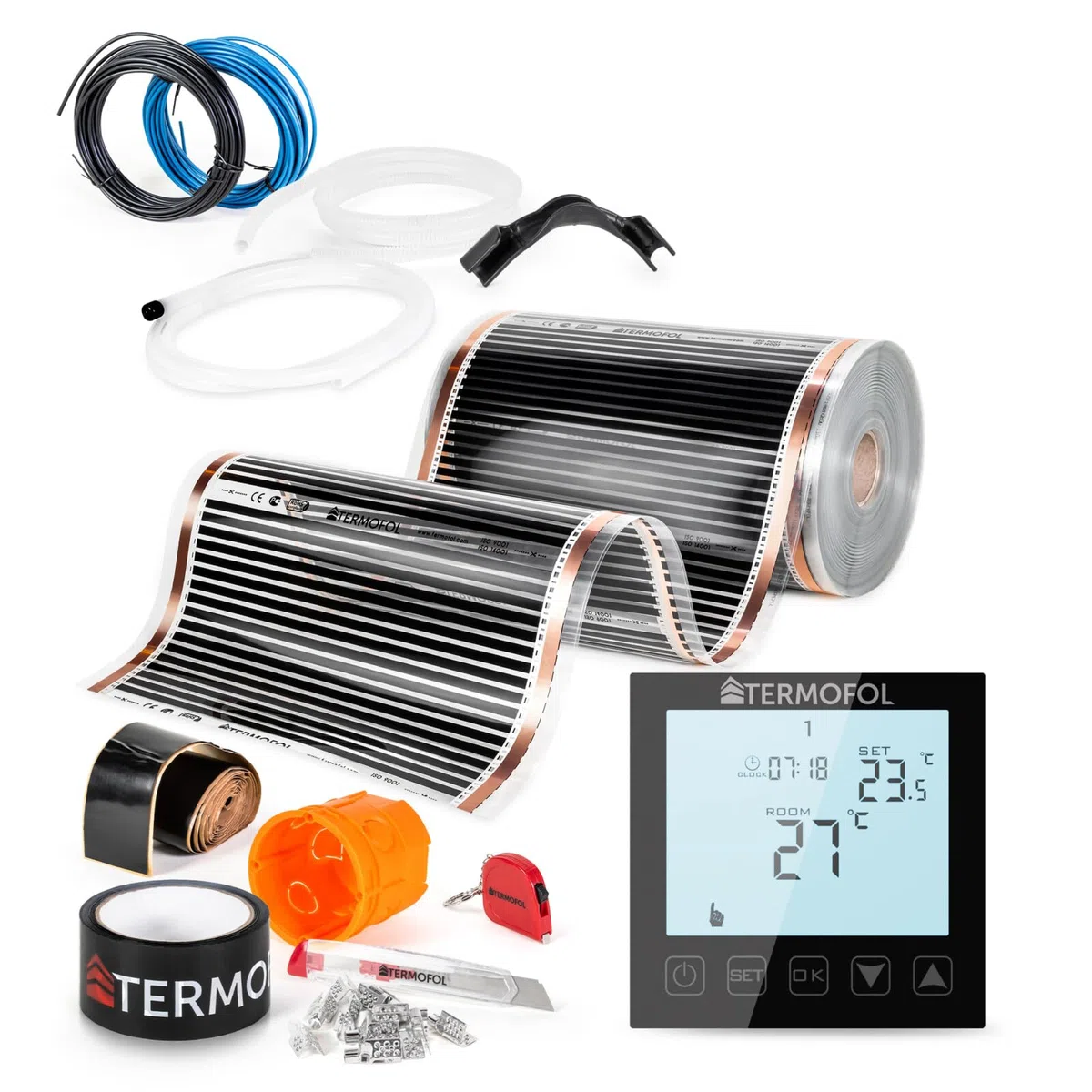 Termofol Calefacción por suelo radiante, lámina calefactora 230V - con termostato H1 Negro - Potencia 80 W/m2 - Superficie 2m² - Juego completo de calefacción eléctrica para suelo, pared o techo