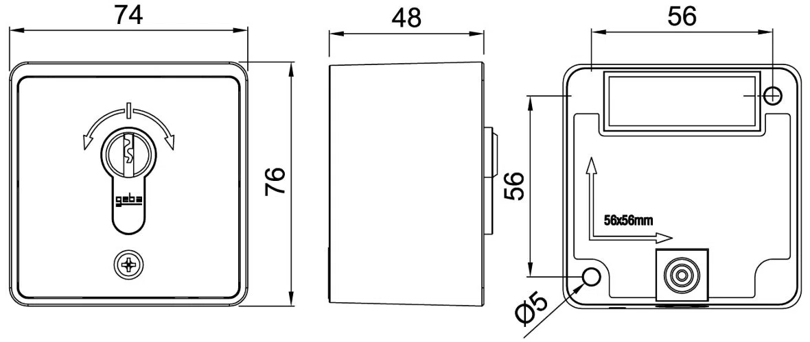 GEBA MSC-APZ1-2T/1 Surface Mount, Interruptor de llave: Función Momentary de dos vías con cilindro, para puertas automáticas de garaje y puertas.