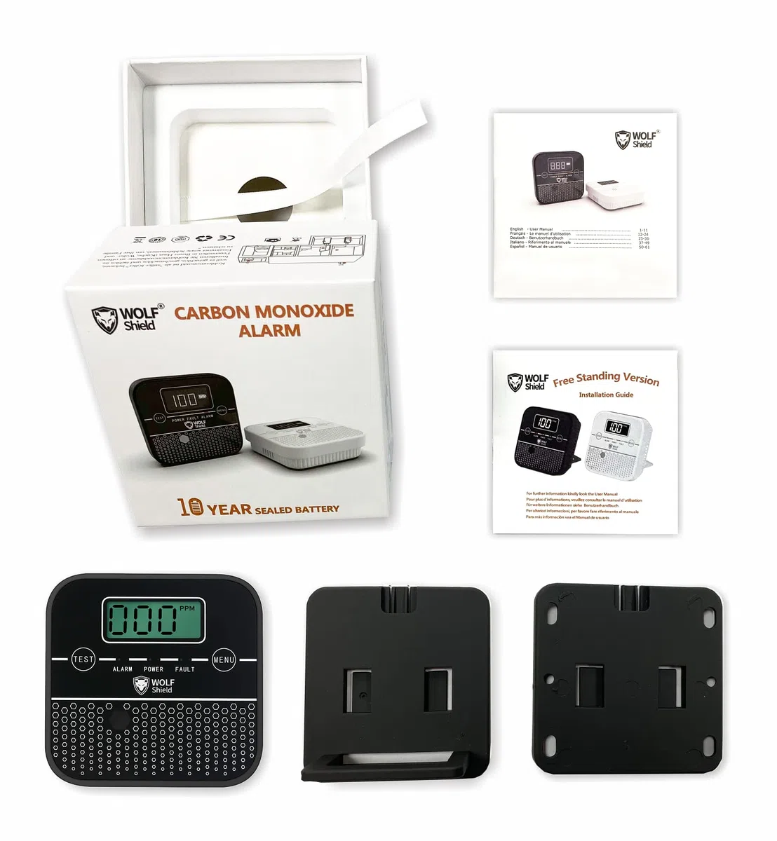 Detector de Monóxido de Carbono Mini Alarma de Monóxido de Carbono WOLF SHIELD Sensor Monitor de CO con Pantalla LCD de Pie Función Silencio de Prueba para Casa Caravana, Autocaravana,Coche,Etc